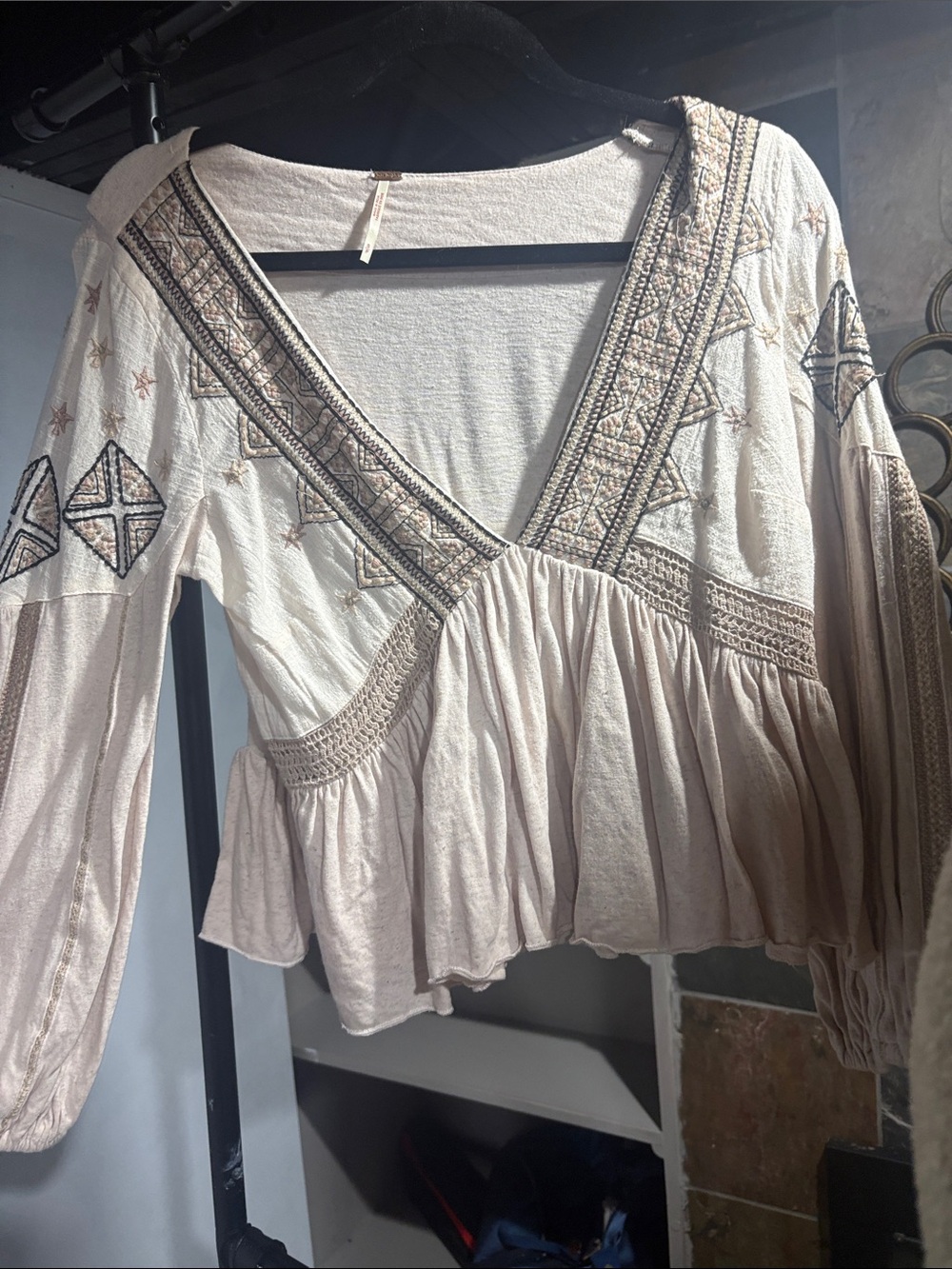 Free People Cream Embroidered V-Neck Peplum Blouse